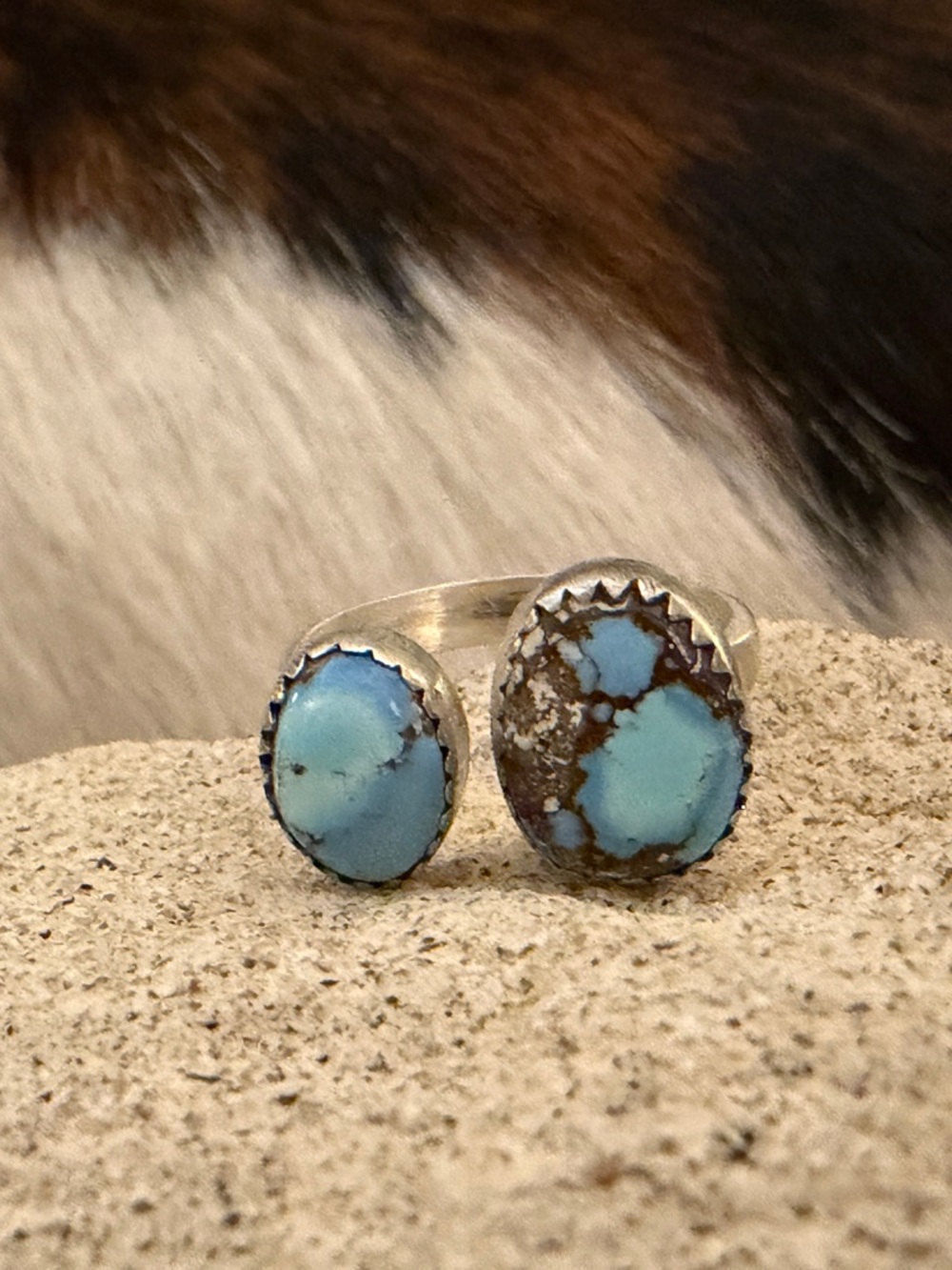 ❤️Golden Hills 2 Stone Turquoise 925 Sterling Navajo Style Floater Ring Sz 6.75+
